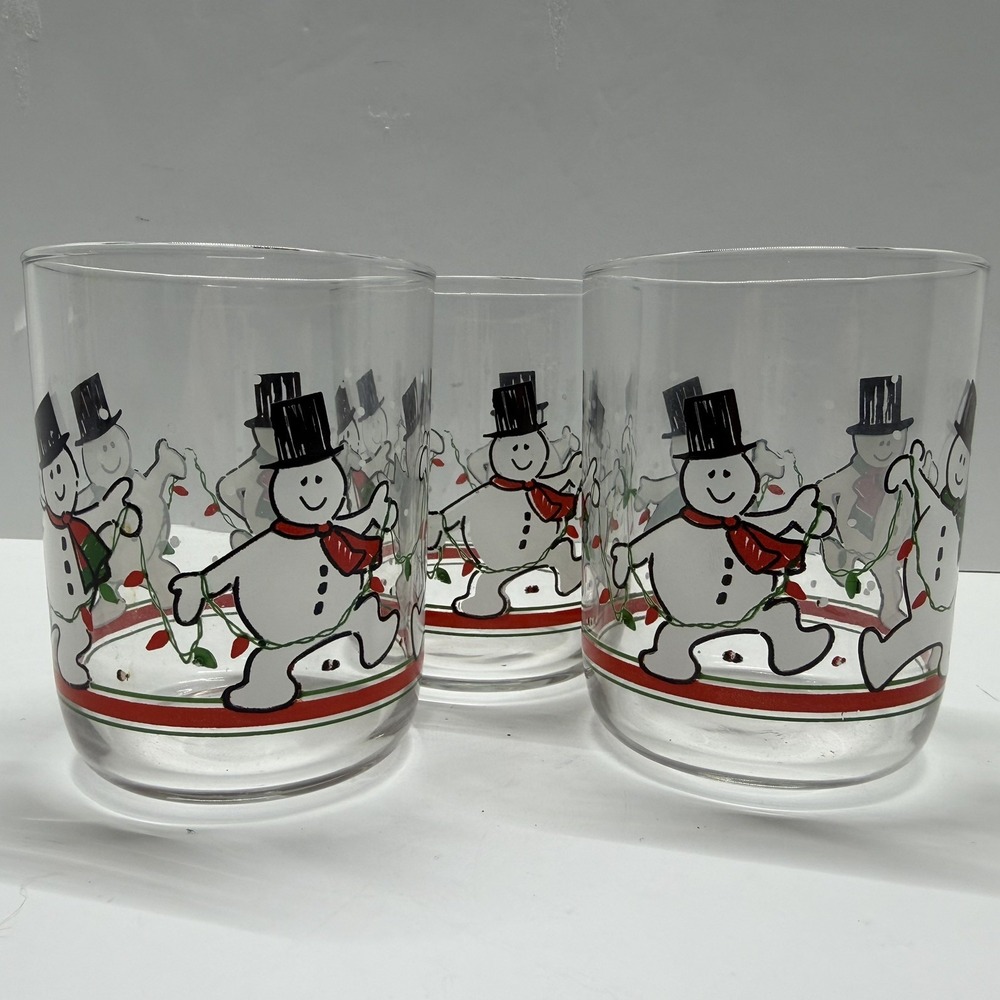 Vintage Libbey Dancing Snowman Lowball Glasses Christmas Set of 3 12oz 4in